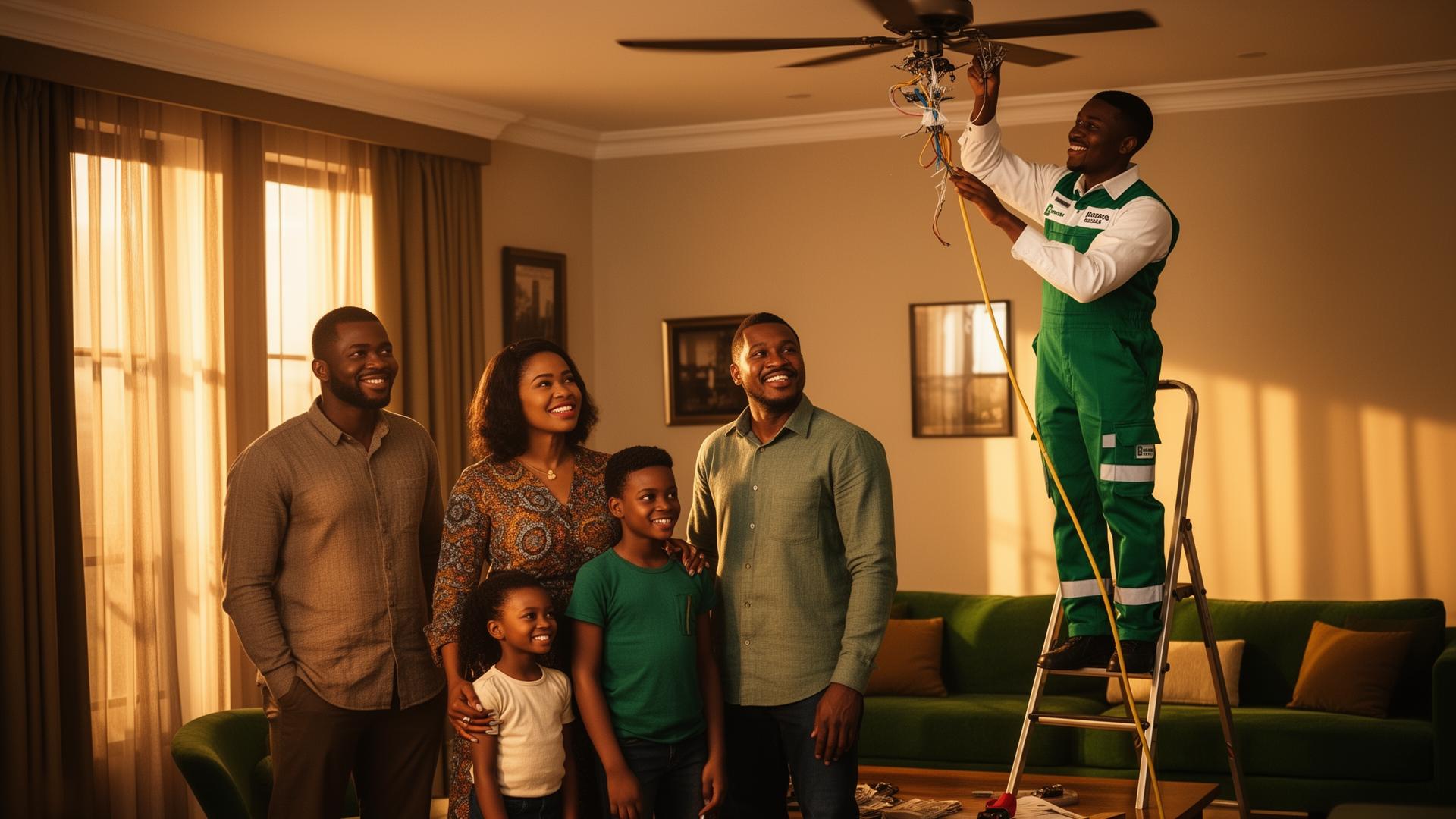 A relieved Nigerian family with a verified ProviServe technician completing a repair in their home